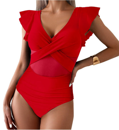 Women’s One-Piece Swimsuit – Deep V-Neck – Ruffle Sleeve – Mesh Midsection – Sleek Fit