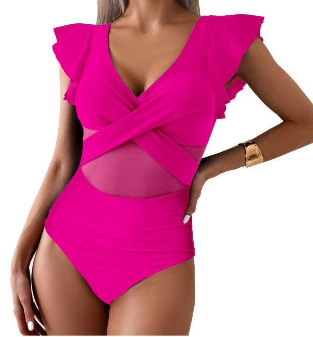 Ruffle Sleeve Deep V-Neck One-Piece Swimsuit 