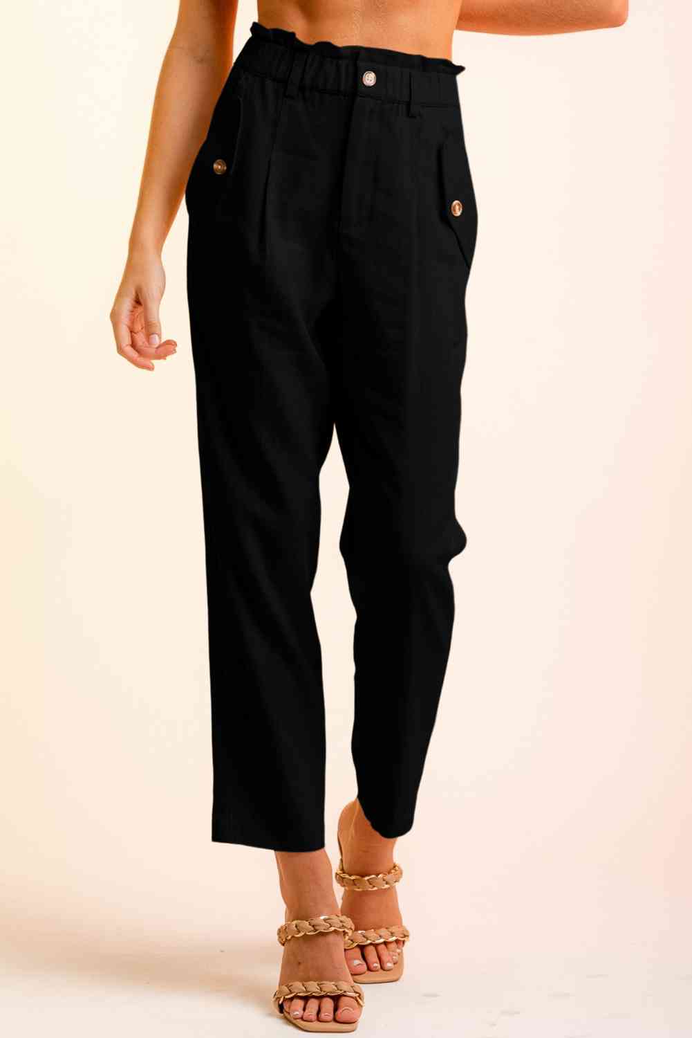 Women’s Cropped Pants – High Waist Paperbag Style – Button Detail – Tapered Fit Casual Wear