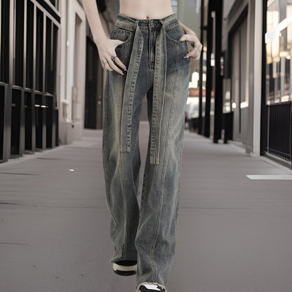 Women’s Wide-Leg Jeans – High Waist – Relaxed Fit – Front Seam – Belted Waist