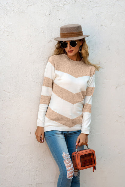 Women’s Knitted Pullover – Wool Blend – Relaxed Fit – Zigzag Pattern – Long Sleeve