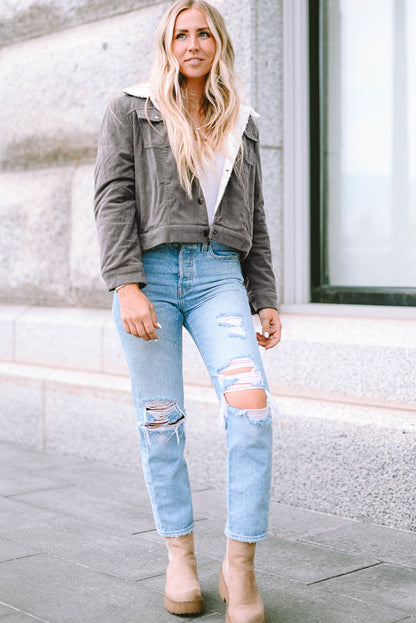 Women's Corduroy Jacket - Cropped Fit - Faux Shearling Collar - Button Closure