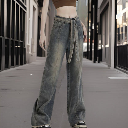 Women’s Wide-Leg Jeans – High Waist – Relaxed Fit – Front Seam – Belted Waist