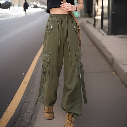 Women's Cargo Pants - Wide Leg Relaxed Fit - Elastic Waist with Drawstring - Multi-Pocket