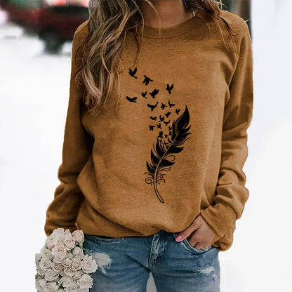Women’s Sweatshirt – Cotton Blend – Relaxed Fit – Crew Neck Long Sleeve – Feather Print