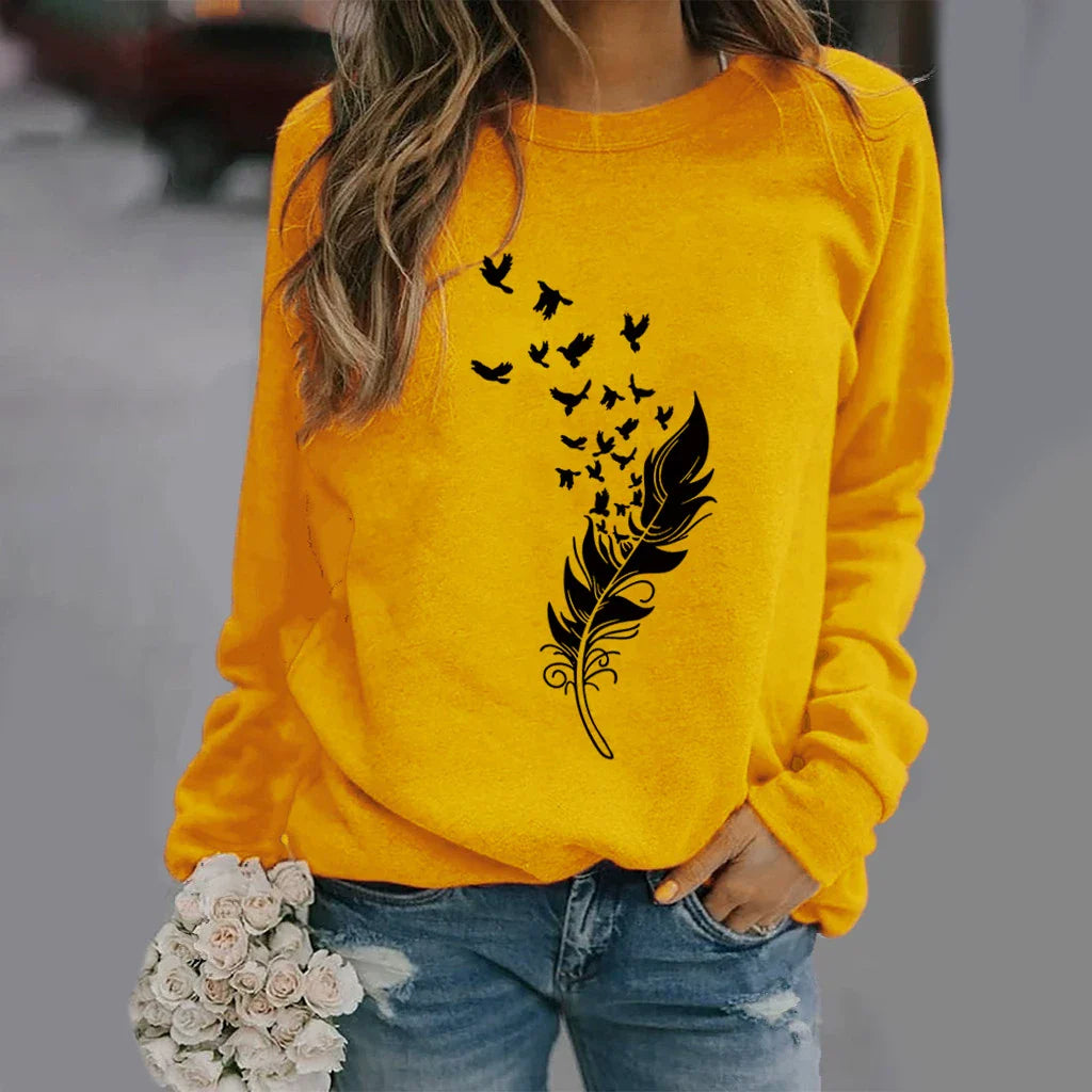 Women’s Sweatshirt – Cotton Blend – Relaxed Fit – Crew Neck Long Sleeve – Feather Print