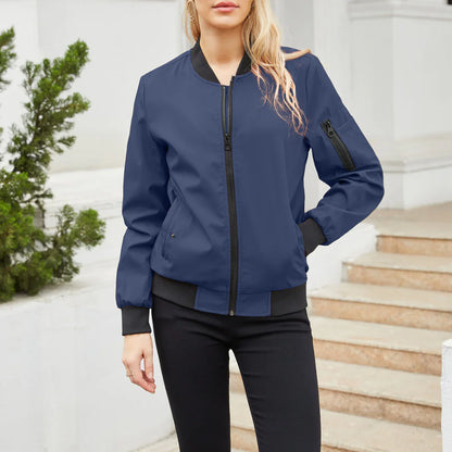 Women's Bomber Jacket - Zip Closure - Ribbed Cuffs & Hem - Casual Lightweight Fit