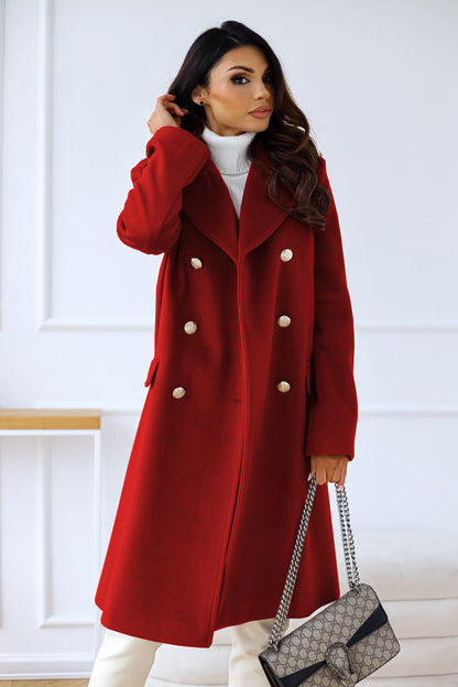 Women’s Long Coat – Wool Blend – Relaxed Fit – Double-Breasted – Wide Lapel Draped Style