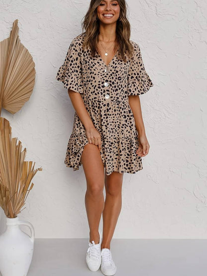 Women's Dress - Leopard Print - V-Neck Button Front - Short Ruffle Sleeve - Relaxed Fit