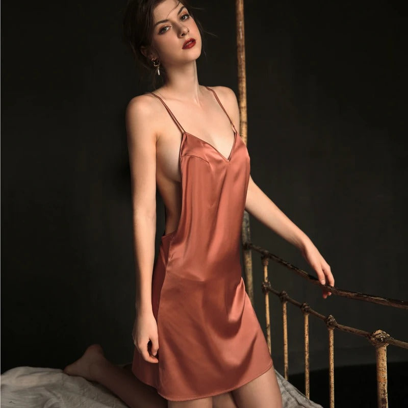 Women's luxury silk v-neck backless nightdress