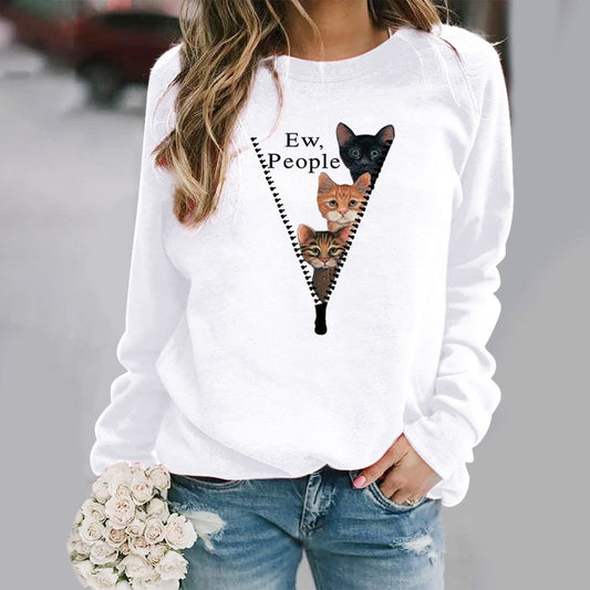 Relaxed Fit Soft Cotton Cat Graphic Sweatshirt 