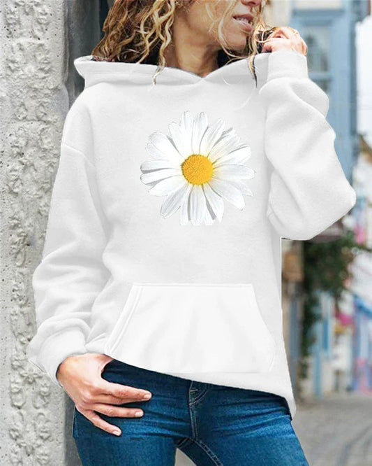 Soft Fleece Daisy Print Relaxed Fit Hooded Sweatshirt 
