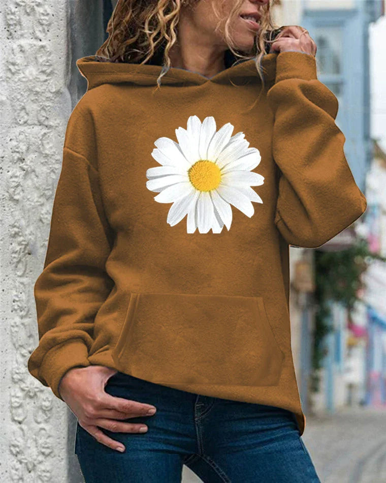 Soft Fleece Daisy Print Relaxed Fit Hooded Sweatshirt 