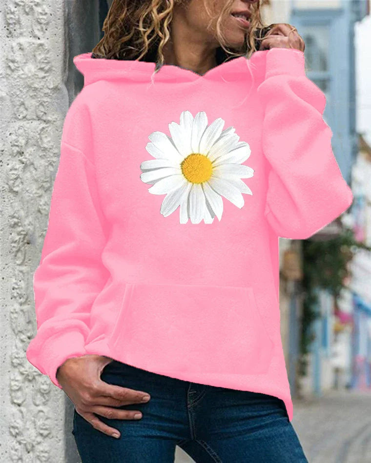 Soft Fleece Daisy Print Relaxed Fit Hooded Sweatshirt 