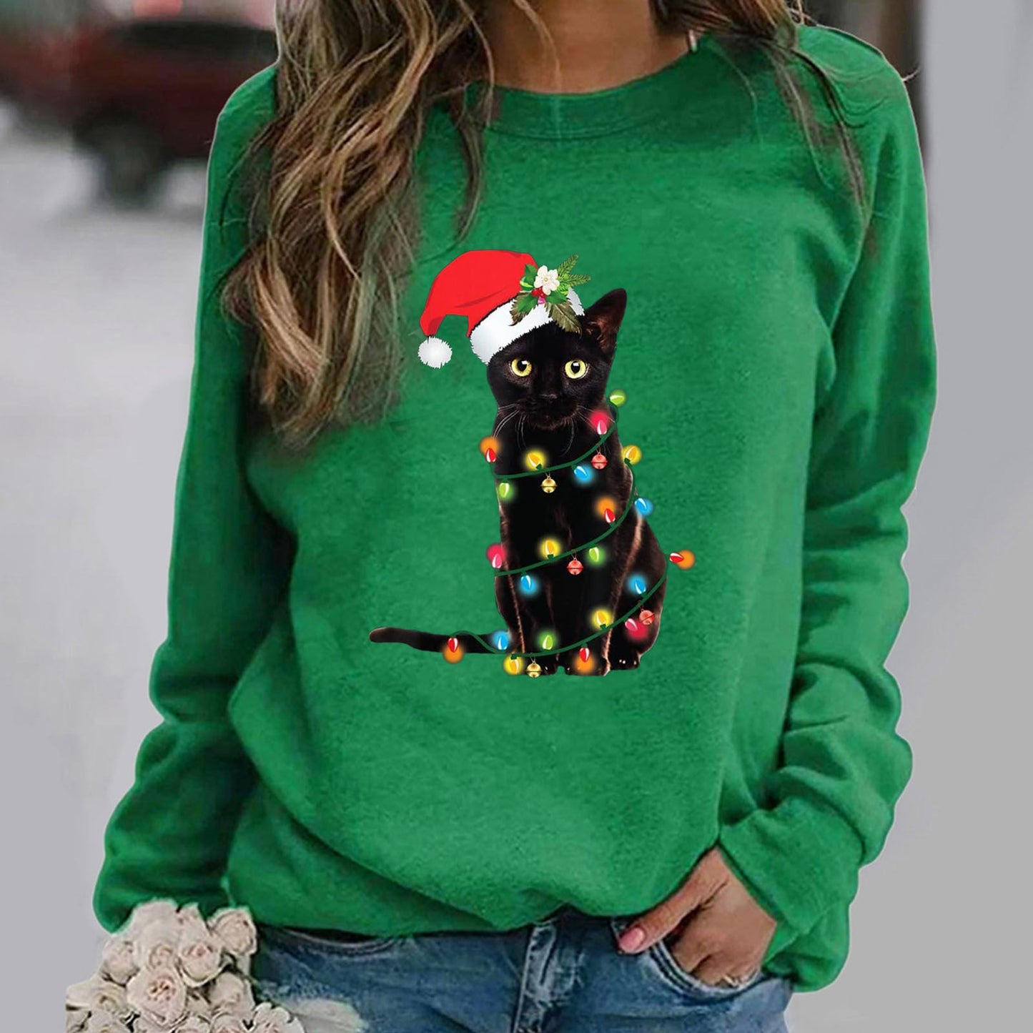 Women’s Sweatshirt – Cotton Blend – Relaxed Fit – Crew Neck Long Sleeve Festive Graphic