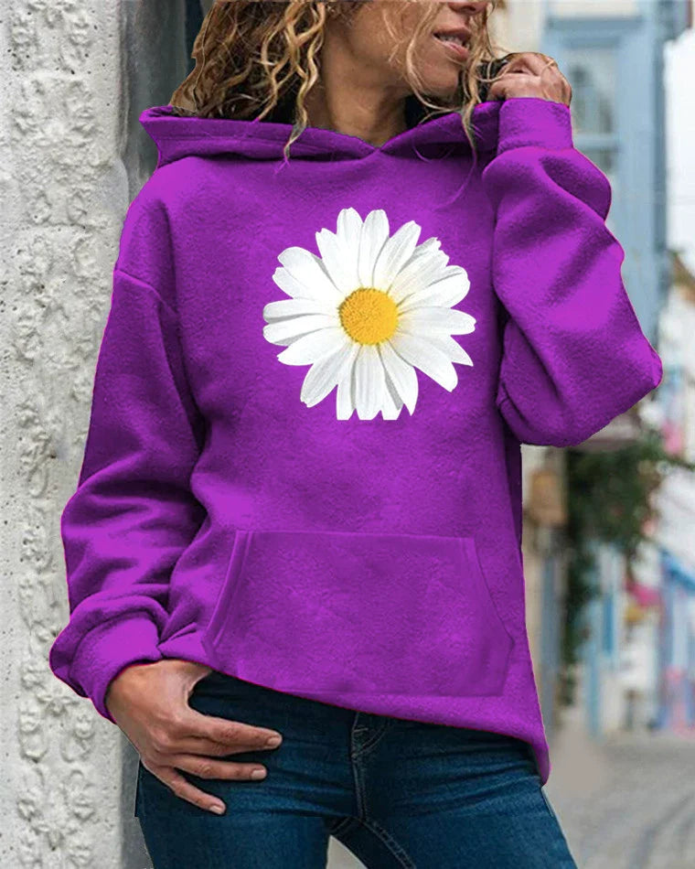 Women’s Hooded Sweatshirt – Relaxed Fit – Soft Fleece – Daisy Print – Kangaroo Pocket
