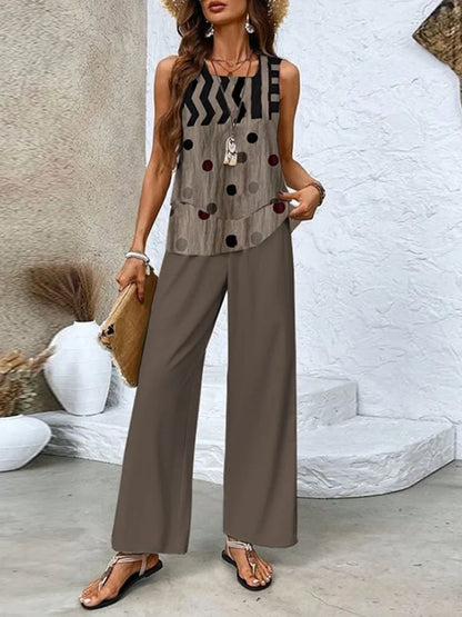 Women’s Two-Piece Set – Sleeveless Top and Wide-Leg Pants – Relaxed Fit – Breathable Blend