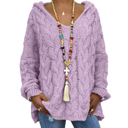 Women's casual twist knit v-neck hooded sweater