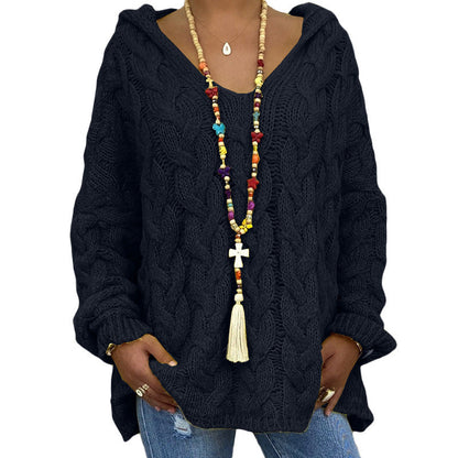 Women's casual twist knit v-neck hooded sweater