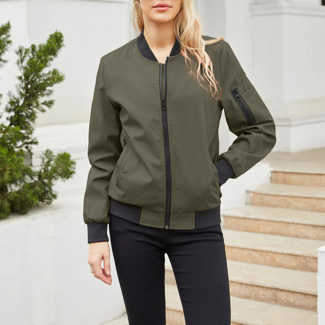Women's Bomber Jacket - Zip Closure - Ribbed Cuffs & Hem - Casual Lightweight Fit