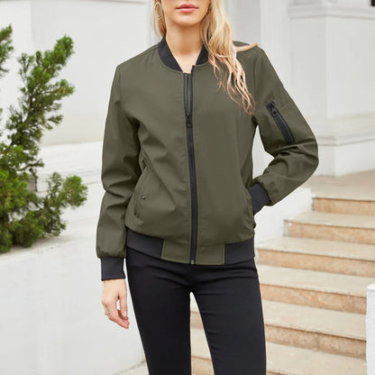 Women's Bomber Jacket - Zip Closure - Ribbed Cuffs & Hem - Casual Lightweight Fit