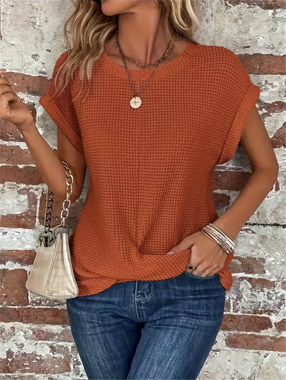 Women's Casual Top - Waffle Knit - Short Sleeve Rolled Cuff - Round Neck Relaxed Fit