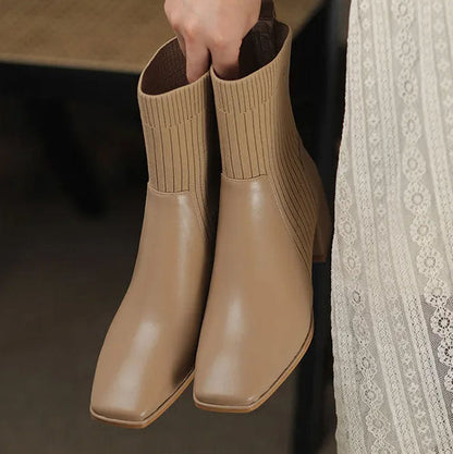 Women's square toe martin boots with elastic knitted socks