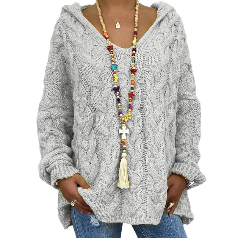 Women's casual twist knit v-neck hooded sweater