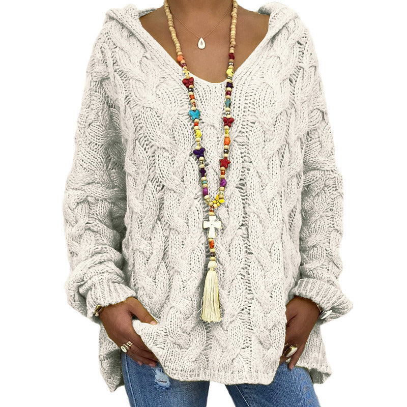 Women's casual twist knit v-neck hooded sweater