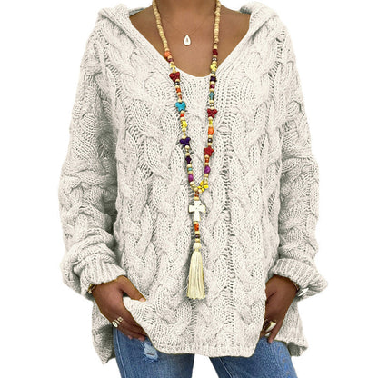 Women's casual twist knit v-neck hooded sweater