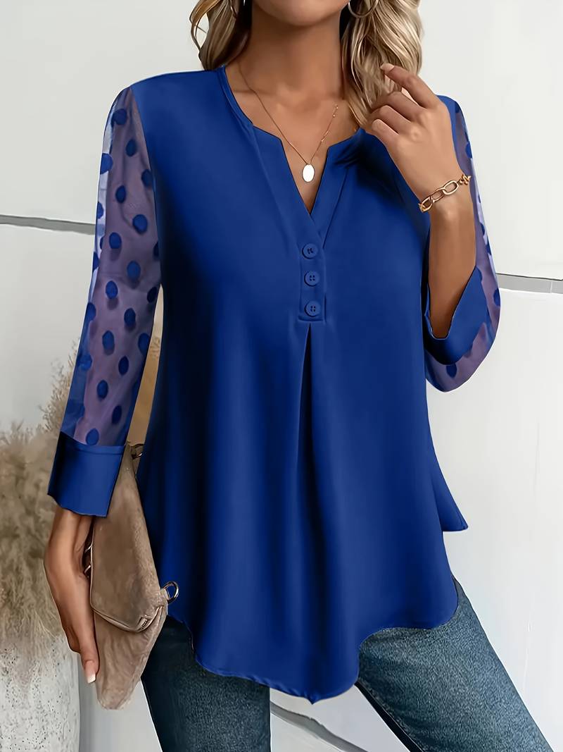 Women's Blouse - Sheer Polka Dot Sleeves - Round Neck - Relaxed Fit Stylish Wear