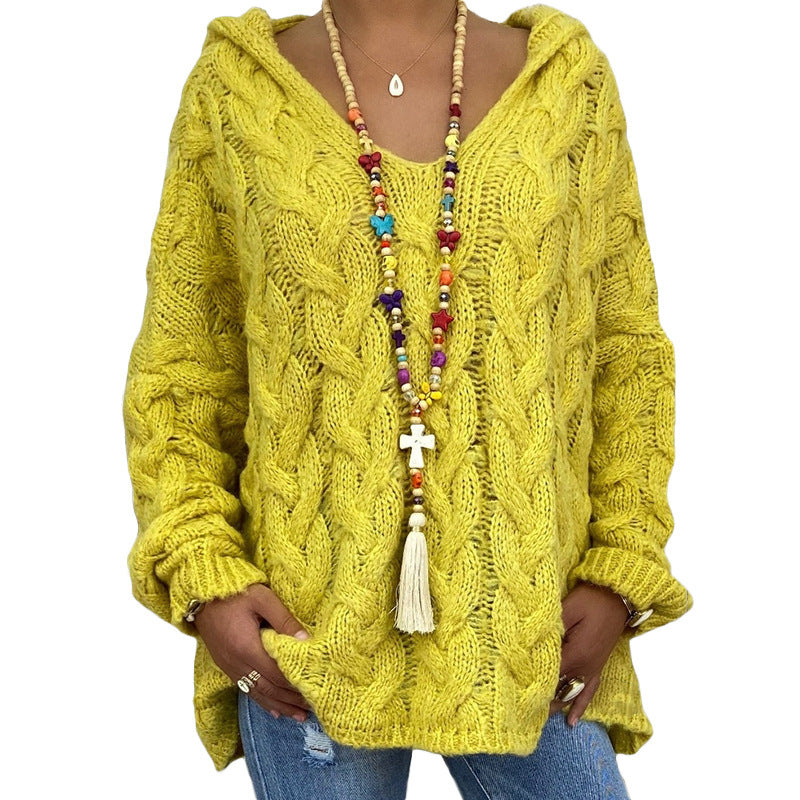 Women's casual twist knit v-neck hooded sweater