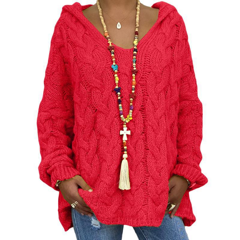 Women's casual twist knit v-neck hooded sweater