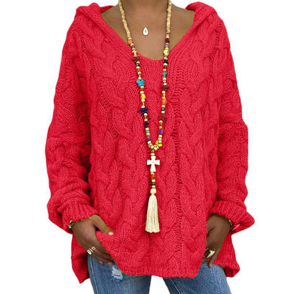 Women's casual twist knit v-neck hooded sweater