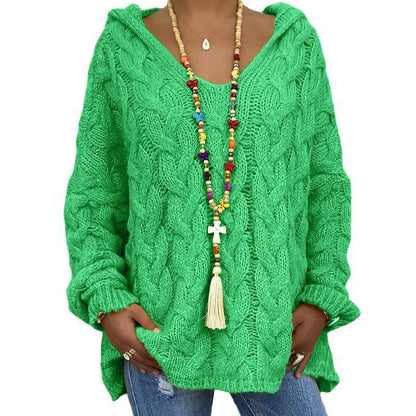 Women's casual twist knit v-neck hooded sweater