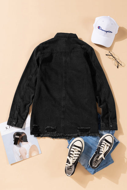Ripped long sleeve denim jacket for women