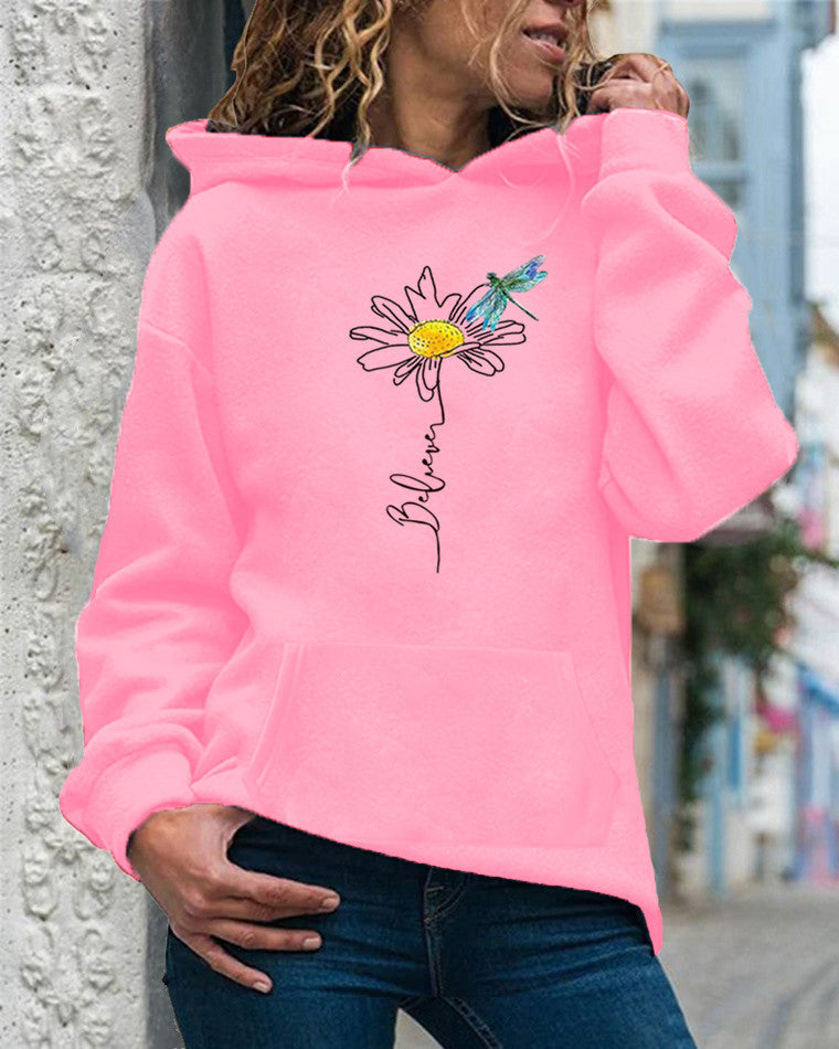 Cotton Relaxed Fit Sunflower Graphic Hooded Sweatshirt 