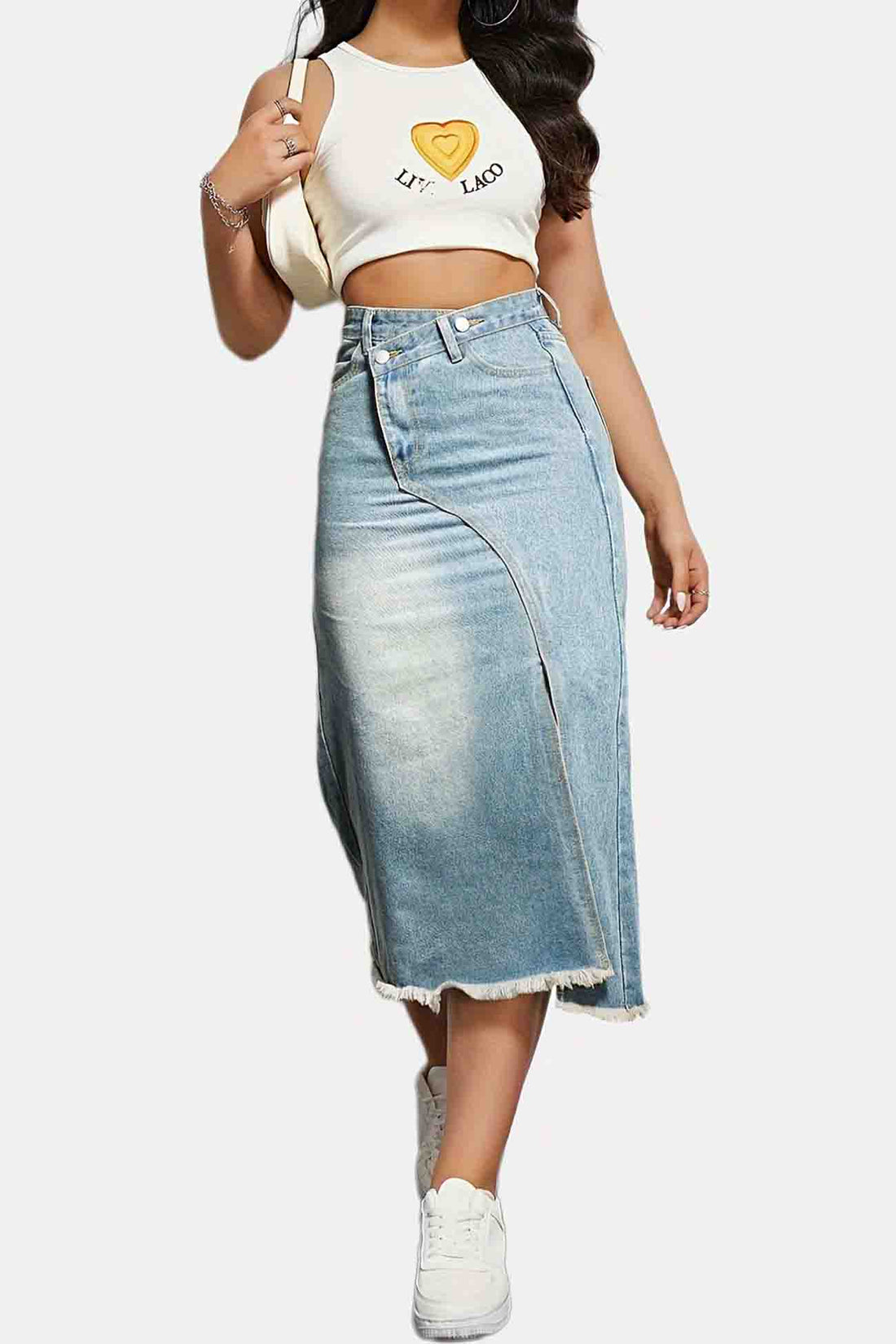 Yara - irregular front slit denim midi skirt