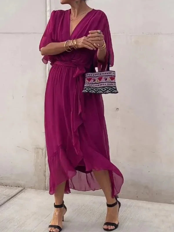 Women's Maxi Dress - Flowing Relaxed Fit - Kimono Sleeves - Adjustable Waist Tie