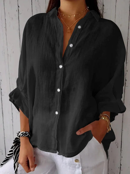 Women's Button-Up Shirt - Breathable Material Blend - Relaxed Fit - Classic Collar Casual Wear
