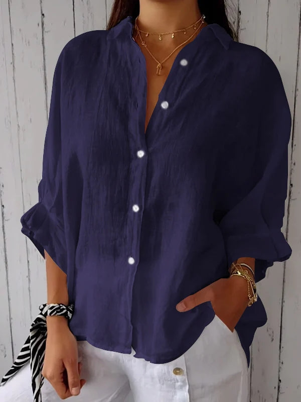 Women's Button-Up Shirt - Breathable Material Blend - Relaxed Fit - Classic Collar Casual Wear