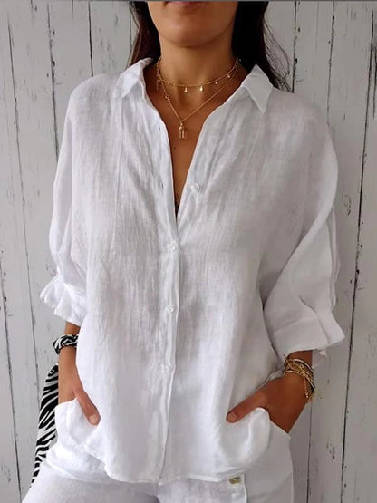 Women's Button-Up Shirt - Breathable Material Blend - Relaxed Fit - Classic Collar Casual Wear