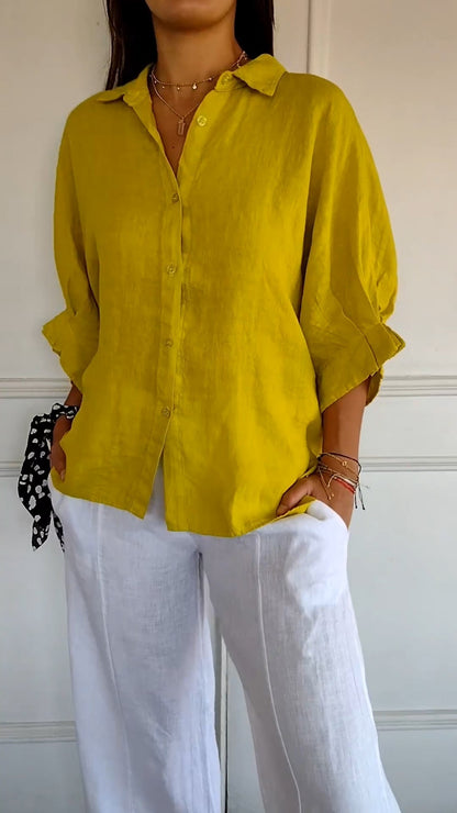 Women's Button-Up Shirt - Breathable Material Blend - Relaxed Fit - Classic Collar Casual Wear