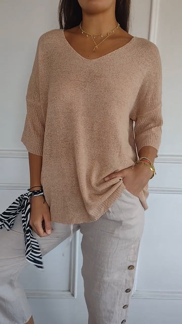 Women's casual slim fit v-neck 3/4 sleeve knitted sweater