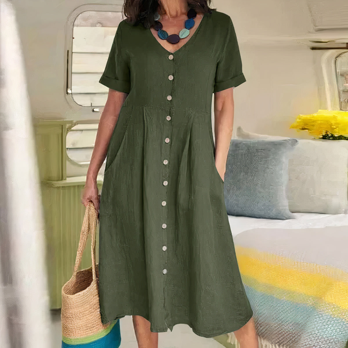 Women's Dress - Cotton Linen Blend - V-Neck Button Front - Short Sleeve Flared Fit
