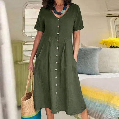 Women's Dress - Cotton Linen Blend - V-Neck Button Front - Short Sleeve Flared Fit