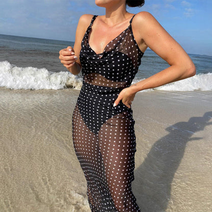 Women’s Slip Dress – Slim Fit – Sheer Mesh – Spaghetti Strap – Full Length – Dotted