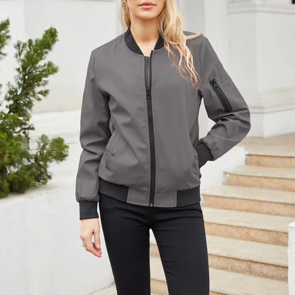 Women's Bomber Jacket - Zip Closure - Ribbed Cuffs & Hem - Casual Lightweight Fit