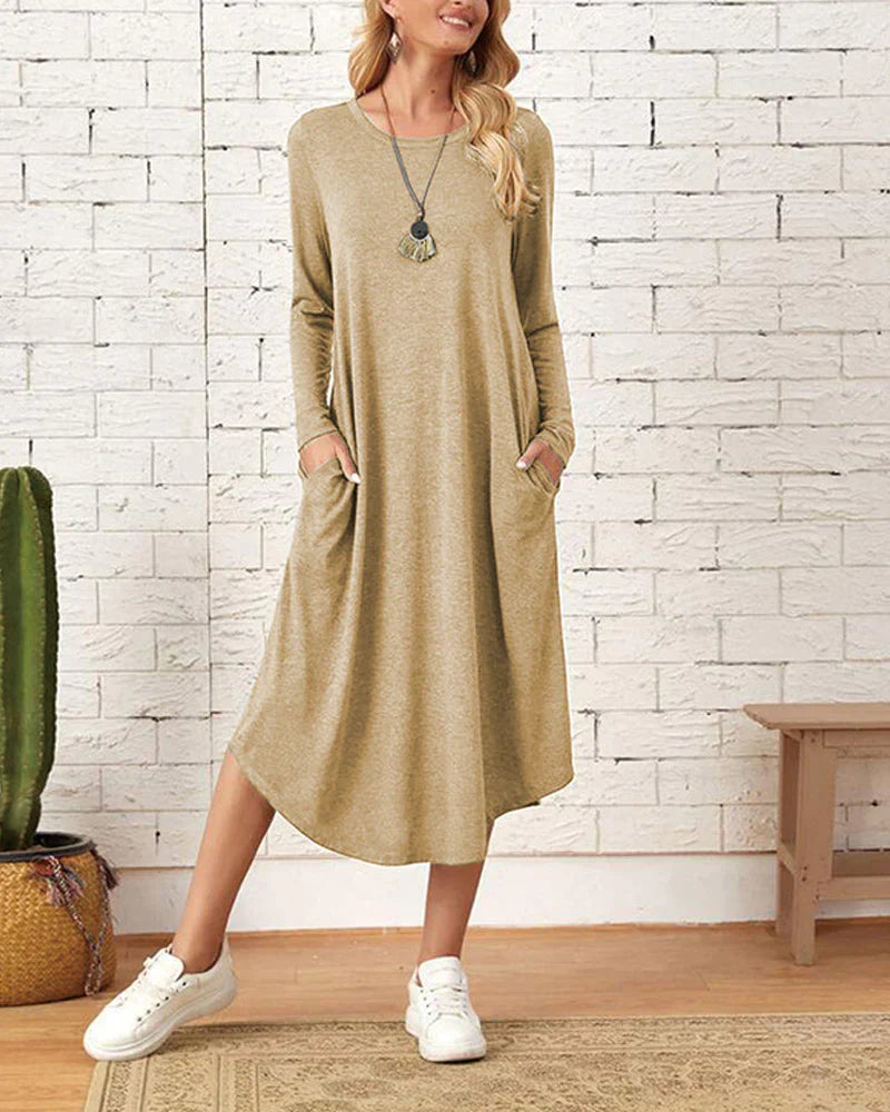 Women's Midi Dress - Loose Fit - Long Sleeve - Crew Neck Casual Wear