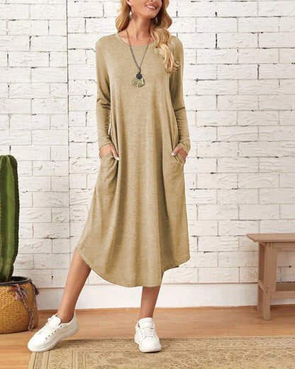 Women's Long-Sleeve Midi Dress – Loose Fit – Soft & Breathable – With Pockets